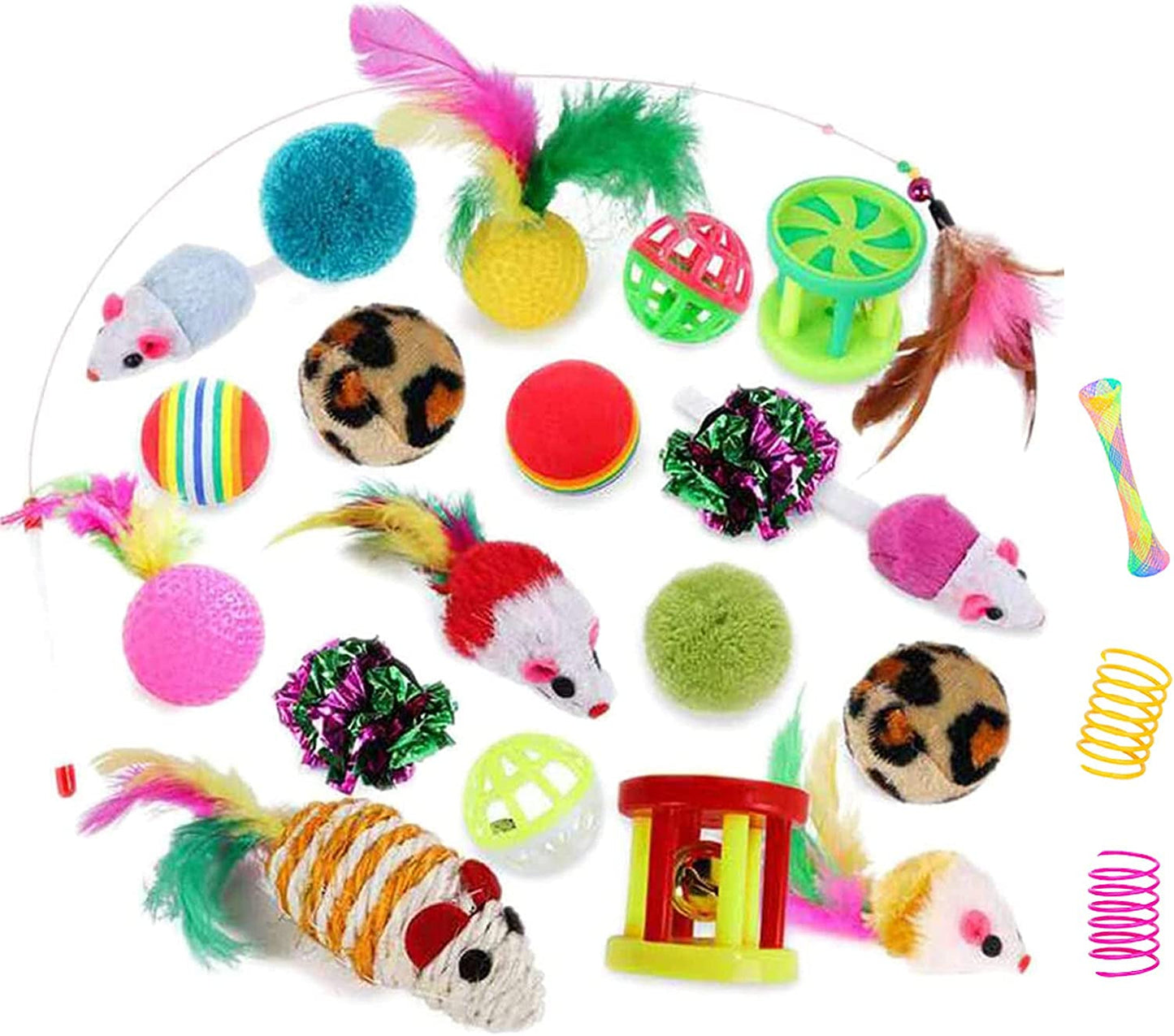 32Pcs Cat Toys Kitten Interactive Pet Toys Assortments, Foldable Rainbow Tunnel, Teaser Wand Fluffy Mouse Crinkle Balls Bell Play for Puppy Kitty (3 Way)