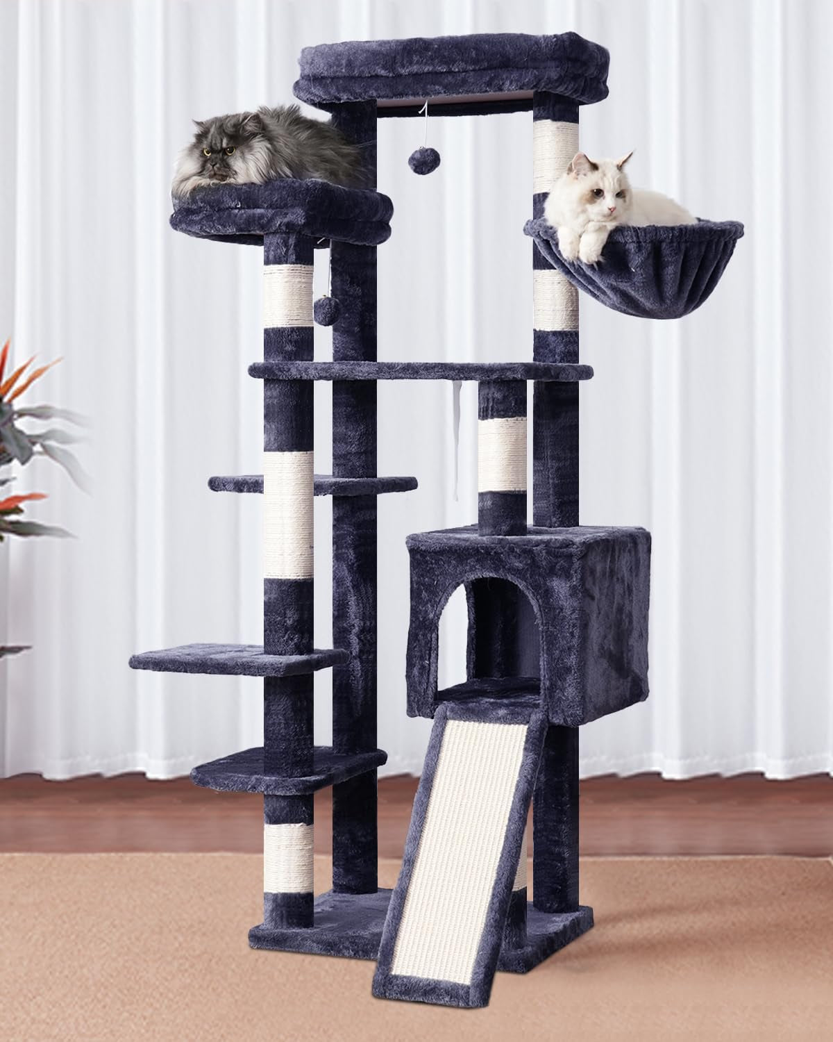 Hey-Brother Cat Tree for Indoor Cats, 62.6" Cat Tower with Scratching Post, Cat Condo with Two Large Platforms, Hammock, Big Scratcher, Smoky Gray MPJ029G