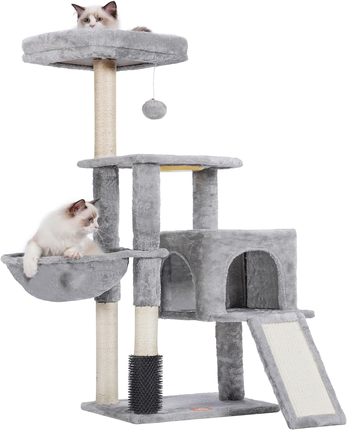 Heybly Cat Tree with Cat Self Groomer Brush, Cat Tower Condo for Indoor Cats with Padded Plush Perch,Feeding Bowl,Cat House with Basket Scratching Board Post, Light Gray HCT005SW