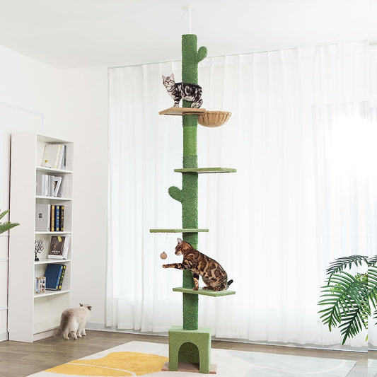 Floor to Ceiling Cat Tree Ajustable Height [82-108 Inches=208-275Cm] 6 Tiers Tower Fit for 7-9 Feet Ceiling with Cat Condo Hammock and Sisal Covered Post for Indoor Cats-Green Cactus