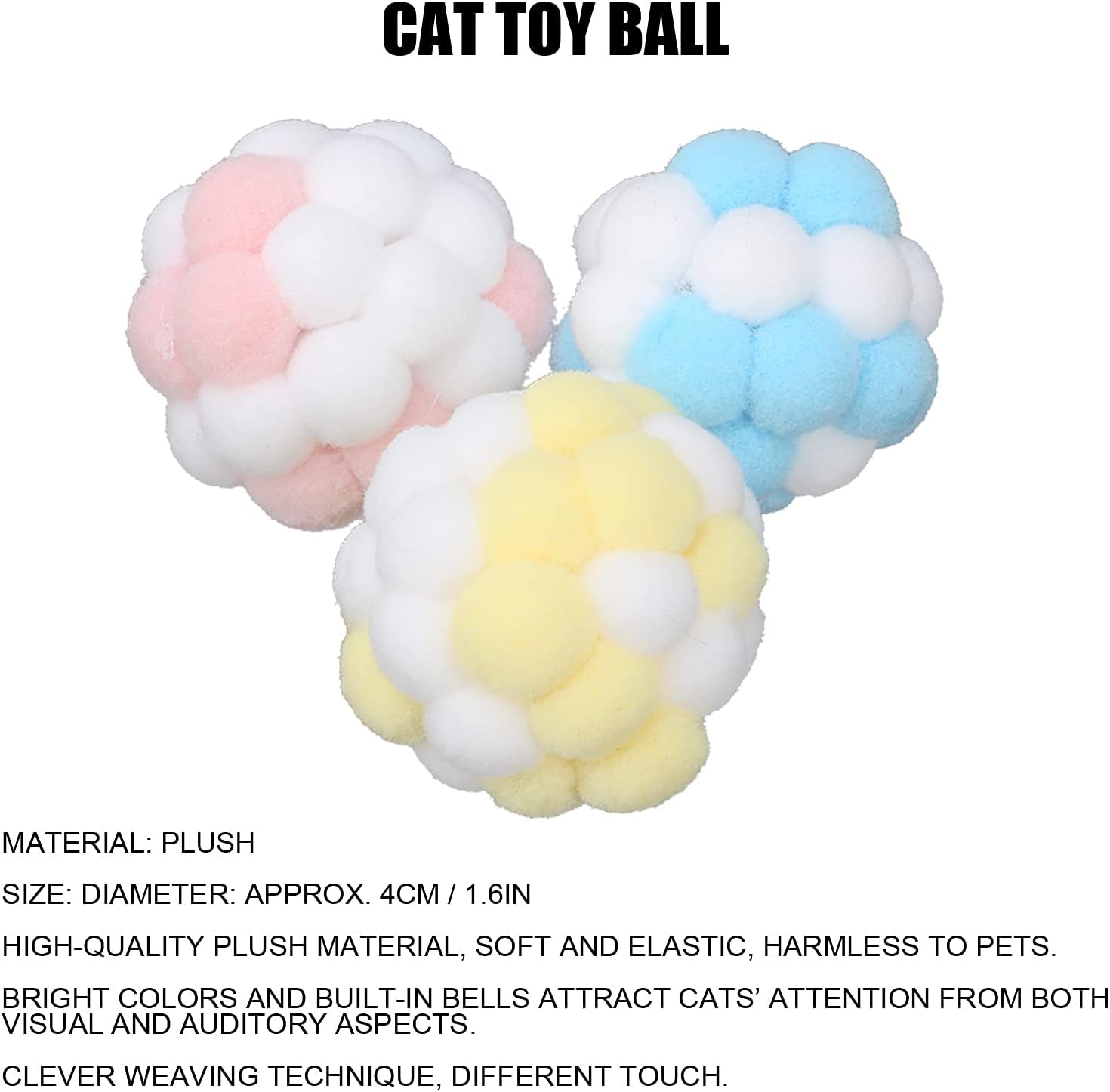 3Pcs Bell Toys Ball Furry Cat Balls Training Playing Chewing Plush Ball Interactive Toys for Cats Kitten Indoor Outdoor