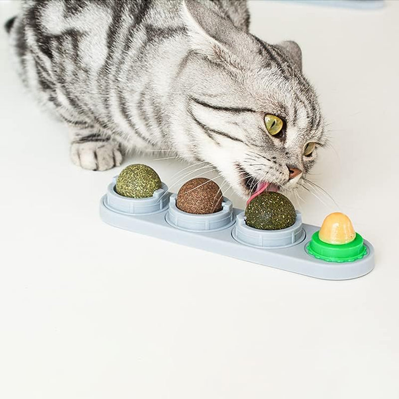 4 In1 Catnip Wall Balls for Cats, Cat Snack Catnip Ball Toys Natural Healthy Kitten Chew Toys Rotatable Indoor Cat Toy for Cat Teeth Cleaning Biting