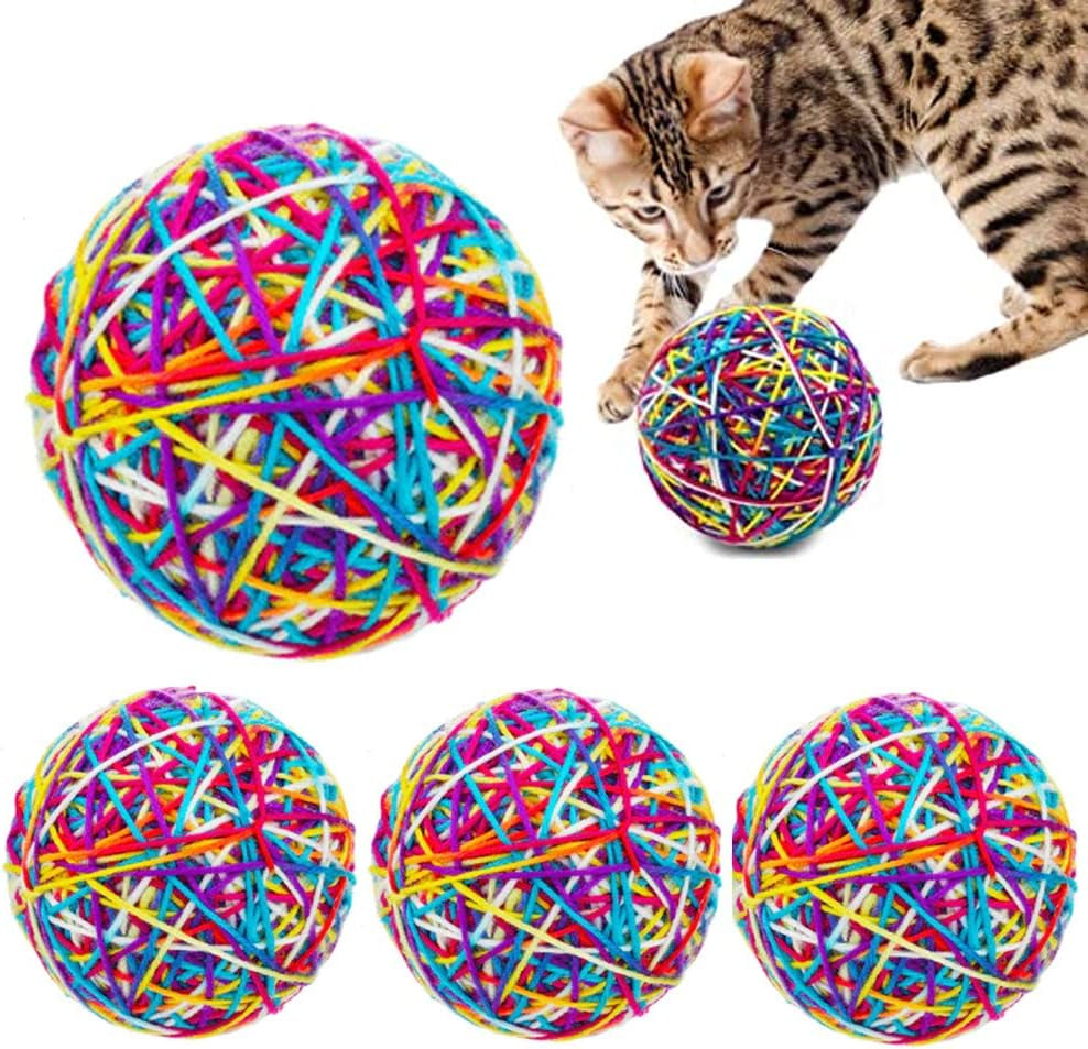 4 Pc Yarn Ball Bells Cat Toys Kitten Puppy Chase round Play Rattle Colorful 4"