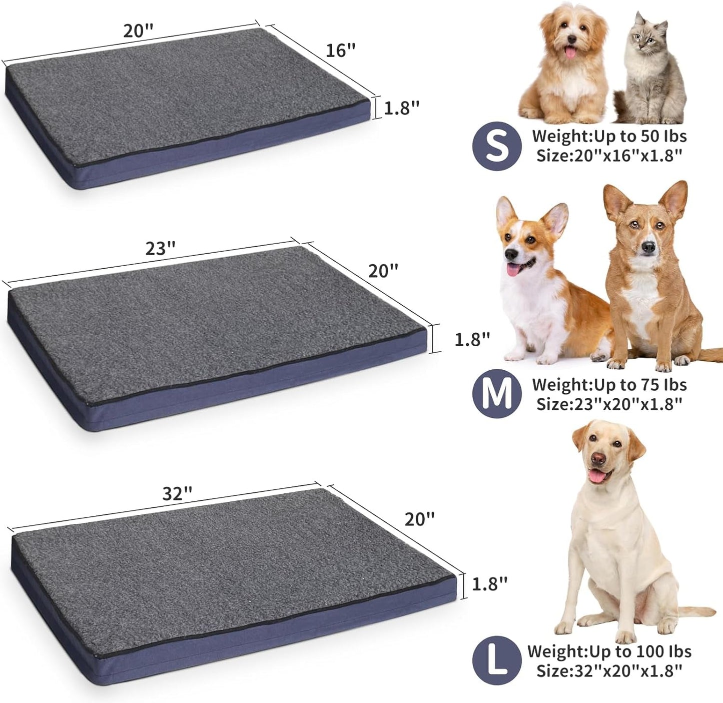 Dog Bed Mat Dog Crate Pad Mattress Reversible (Cool & Warm), Water Proof Linings, Removable Machine Washable Cover, Firm Support Pet Crate Bed