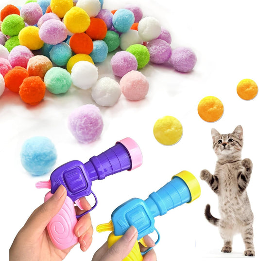 102Pcs Cat Ball Toy Launcher Gun Cat Balls Fetch Toy, Cat Ball Interactive Toy Cat Ball Toy Launcher Plush Ball Puff Cat Toy