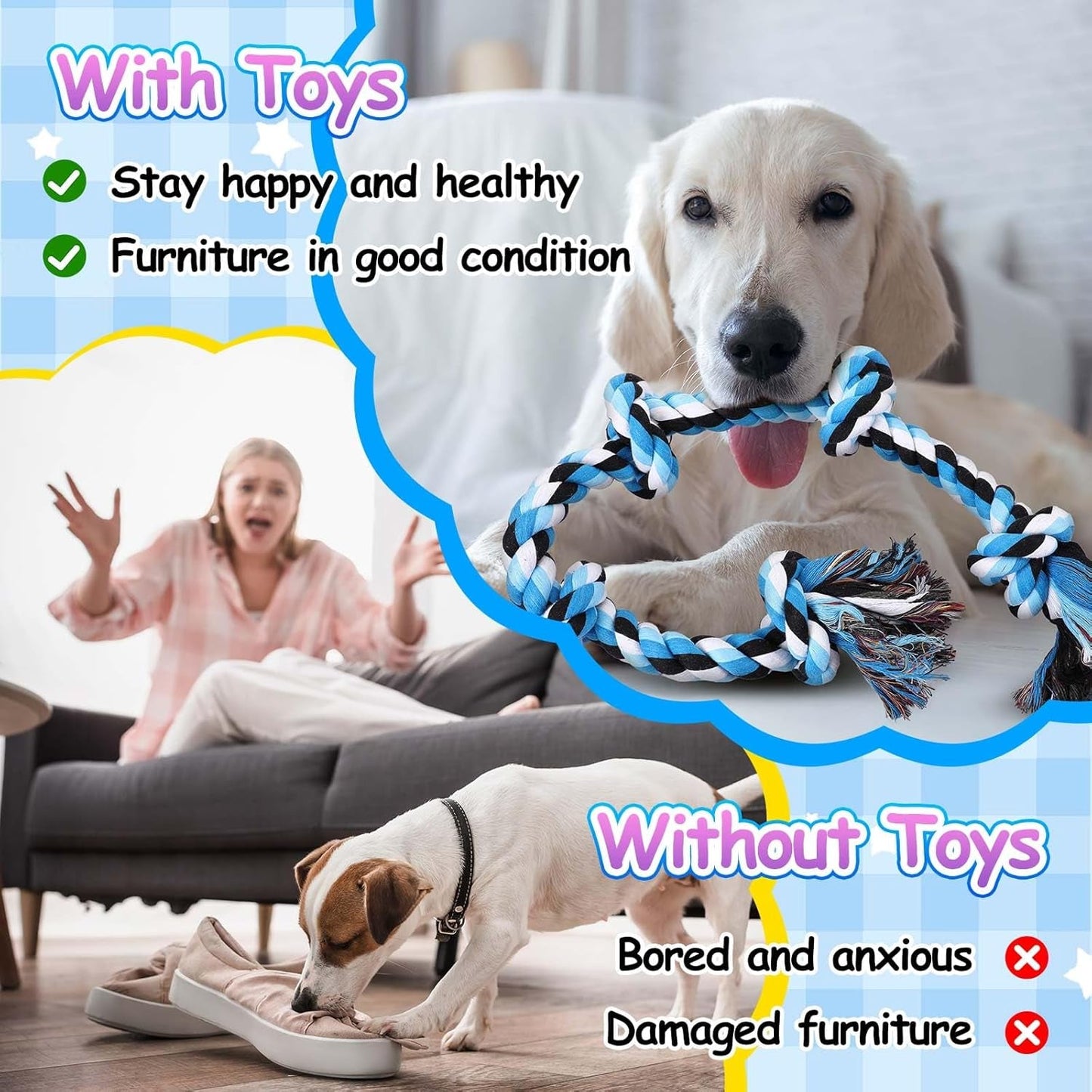 3 Pcs Dog Rope Toys for Aggressive Chewers 3 Feet 5 Knots Dog Toys for Large and Medium Dog Tough Twisted Dog Chew Rope Toy for Tug of War Dog Toy Teeth Cleaning