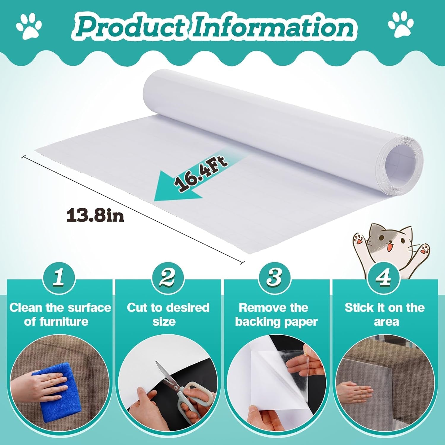 16.4Ft X 13.8In Cat Scratch Furniture Protector - Thicken Self-Adhesive Couch Protector for Cats, Easy to Cut & Residue Free anti Cat Scratch Tape for Protecting Sofa Door from Claws