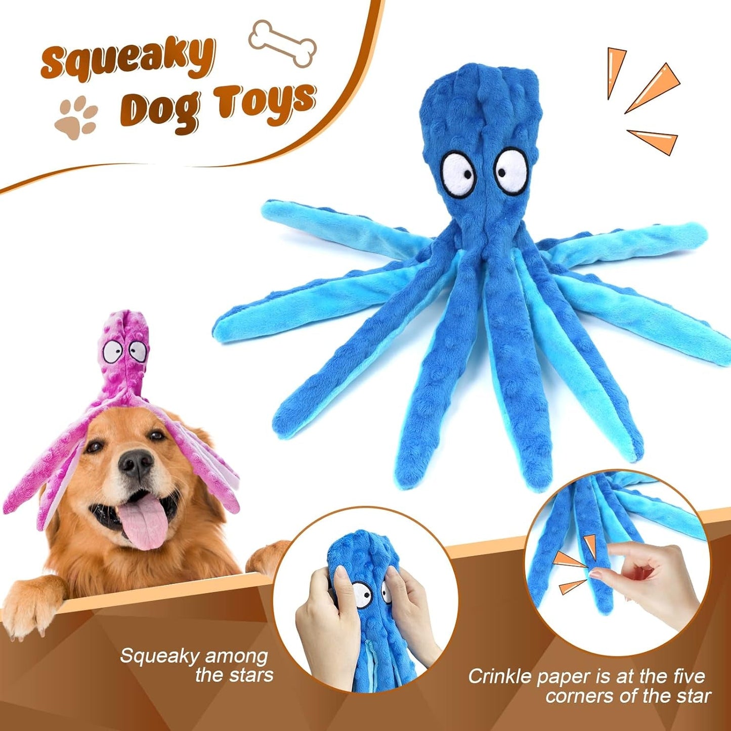 3 Pack Dog Toys for Small Dogs, Medium Dogs, Large Dogs, Puppy Teething Chew Toys, Aggressive Chewers, No Stuffing Crinkle Plush Dog Toys (Octopus)