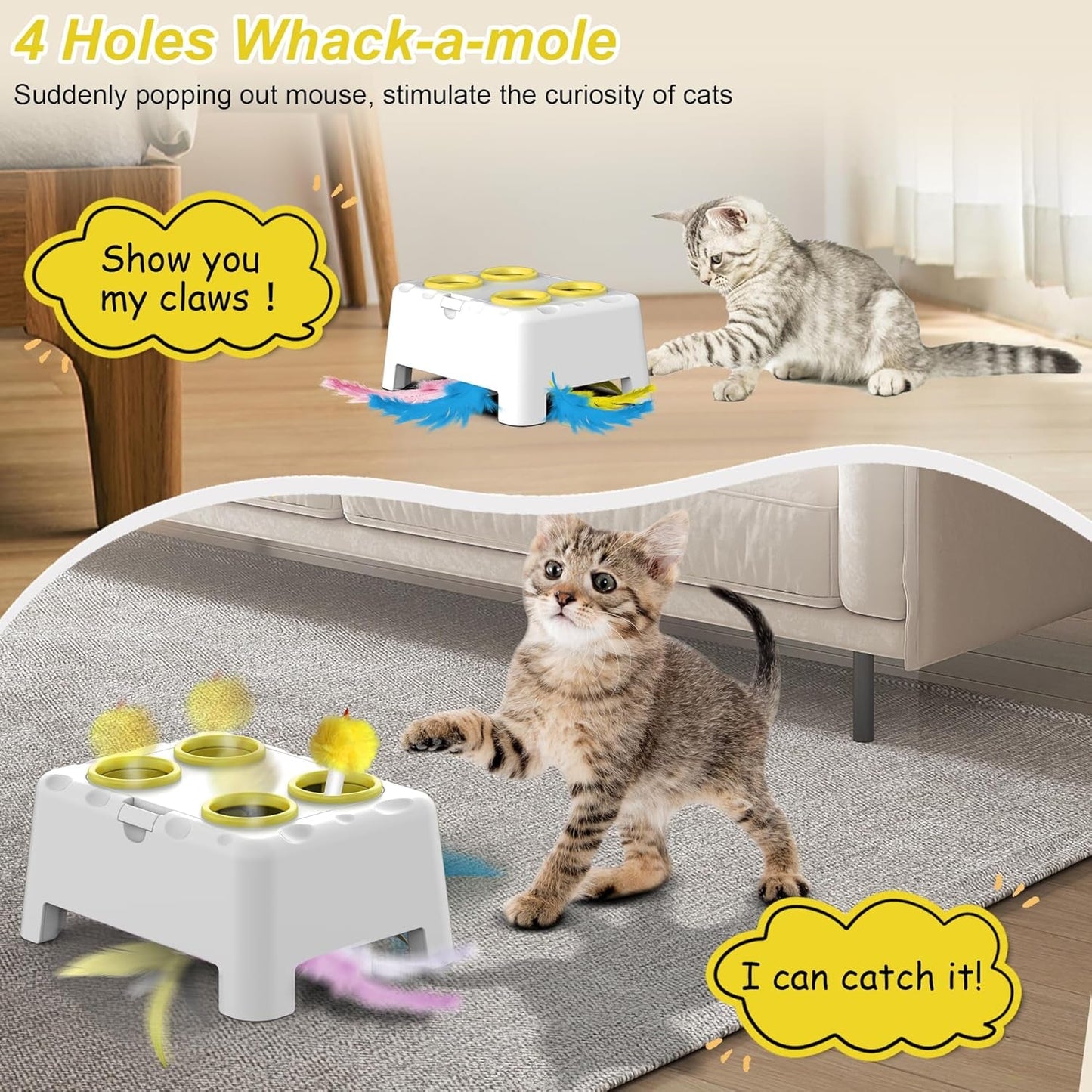 Interactive Cat Toys, 2-In-1 Automatic Cat Toy, 4 Holes Mice Whack a Mole Cat Mouse Toy with Moving Feather, Portable USB Rechargeable Electronic Kitten Toys White & Yellow