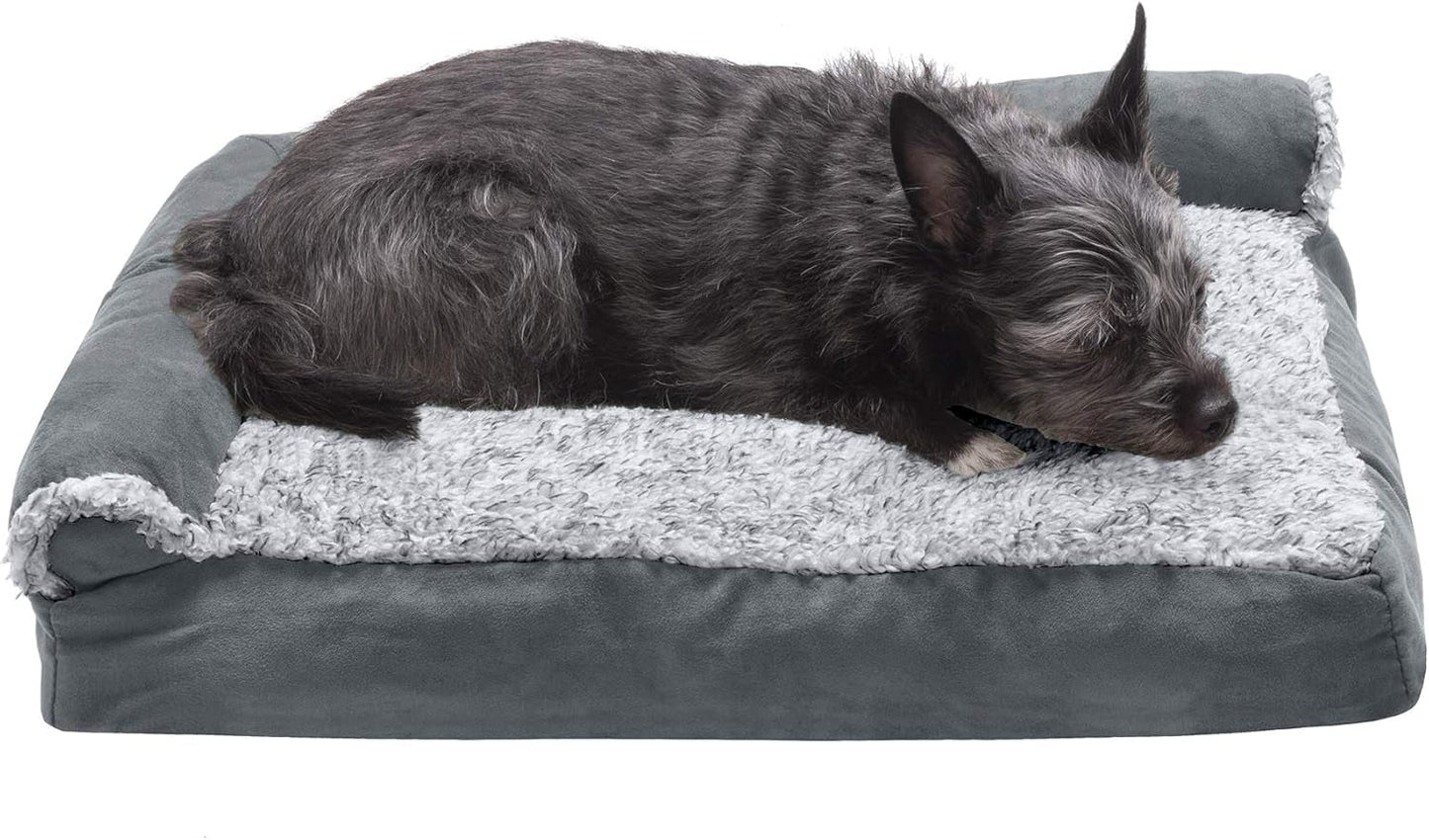 Furhaven Pillow Dog Bed for Large Dogs W/ Removable Bolsters & Washable Cover - Two-Tone Plush Faux Fur & Suede L Shaped Chaise - Stone Gray, Jumbo/Xl