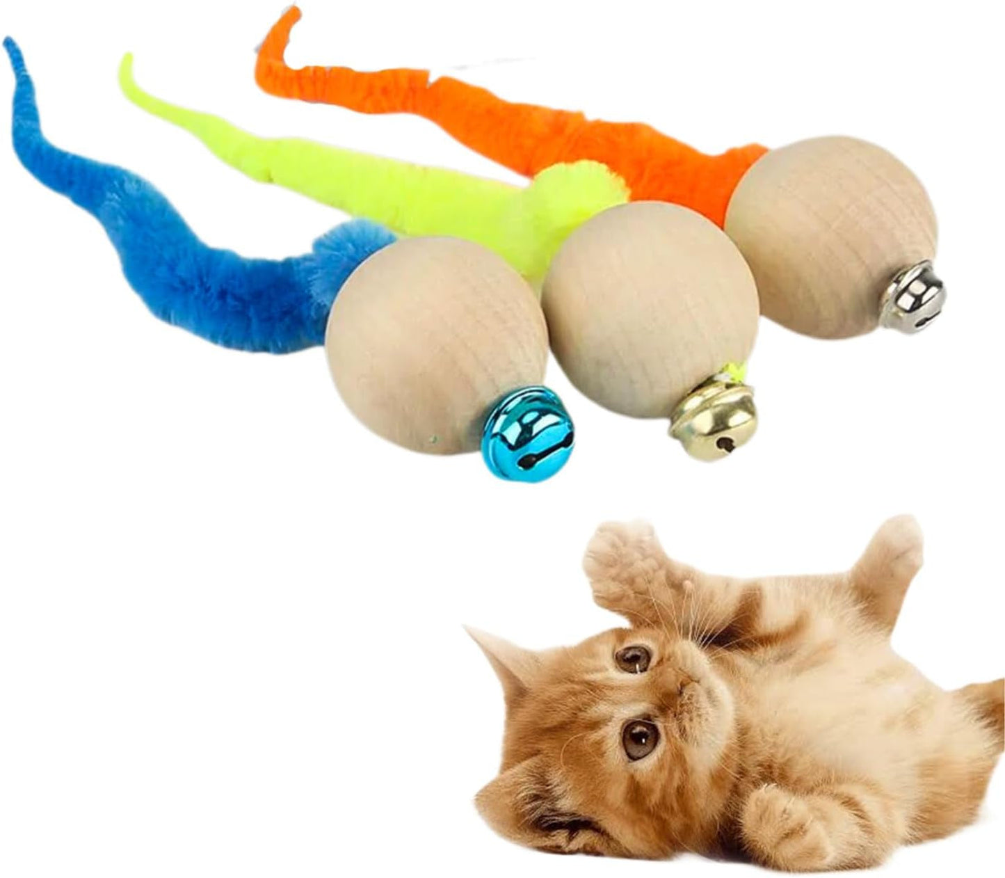 3 PCS of Cute and Soft Pet Interactive Toys Featuring a Wooden Ball | Colorful Caterpillar Beads and a Snake Tail with a Bell, Perfect for Entertaining Your Cat