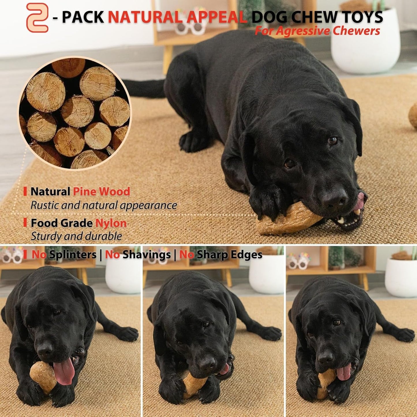 2-Pack Tough Dog Toys for Aggressive Chewers Pine Wood and Nylon Dog Toys for Large Dogs Real Bacon Indestructible Dog Toys to Keep Them Busy