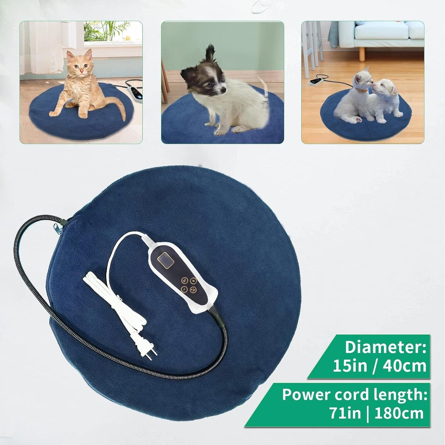 Cat Heating Pad,Heated Cat Bed Indoor Electric Warming Cat Bed,Upgraded Adjustable Controller,Waterproof Kitten Heating Pad with Chew Resistant Steel Cord(Pvc,Round-Ø15.5Inch)