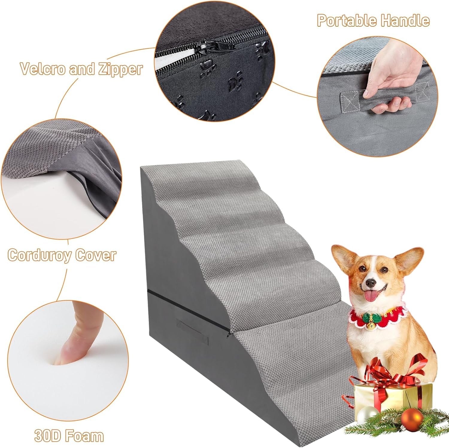 30 Inches 6 Steps Dog Stairs. Pet Stairs for Tall Bed 30-36 Inches. Dog Stairs for Small Dogs/Cats, Older Injured Pets. 30D Density Foam Pet Ramp Non-Slip