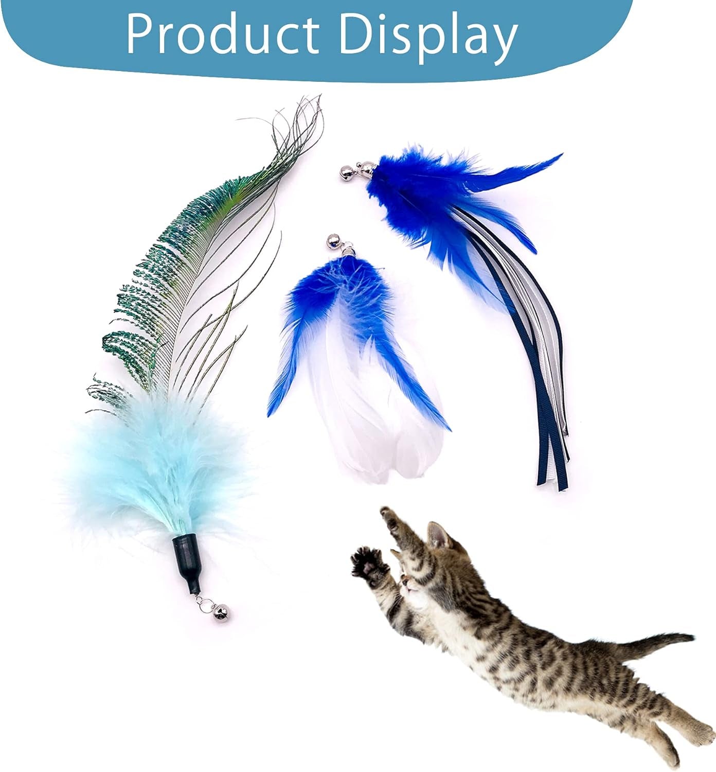 12Pcs Cat Feather Toys with Bells Blue for Male Cats Replacement for Wand Boy Kitten Toys Interactive Training Indoor Cat Playing Birthday Gift for Chasing Jumping Exercise Refill Toy