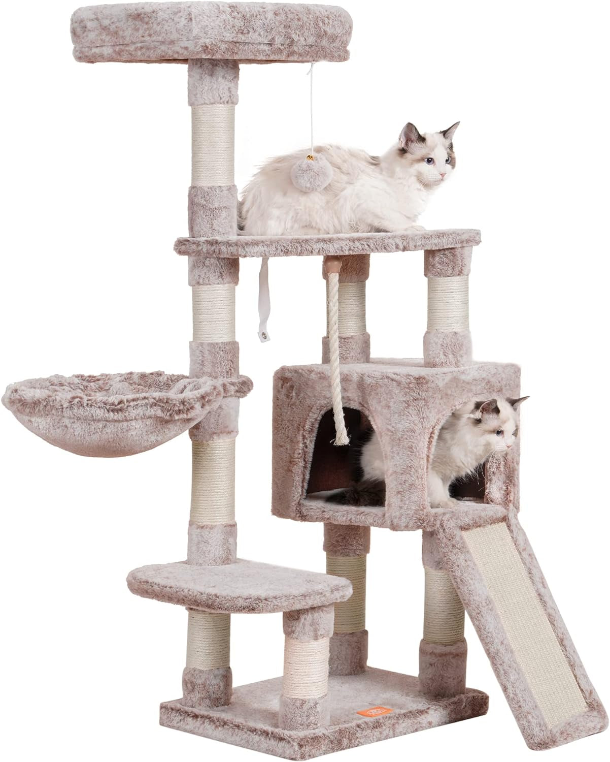 Heybly Cat Tree with Cat Self Groomer Brush, Cat Tower Condo for Indoor Cats with Padded Plush Perch,Feeding Bowl,Cat House with Basket Scratching Board Post, Light Gray HCT005SW