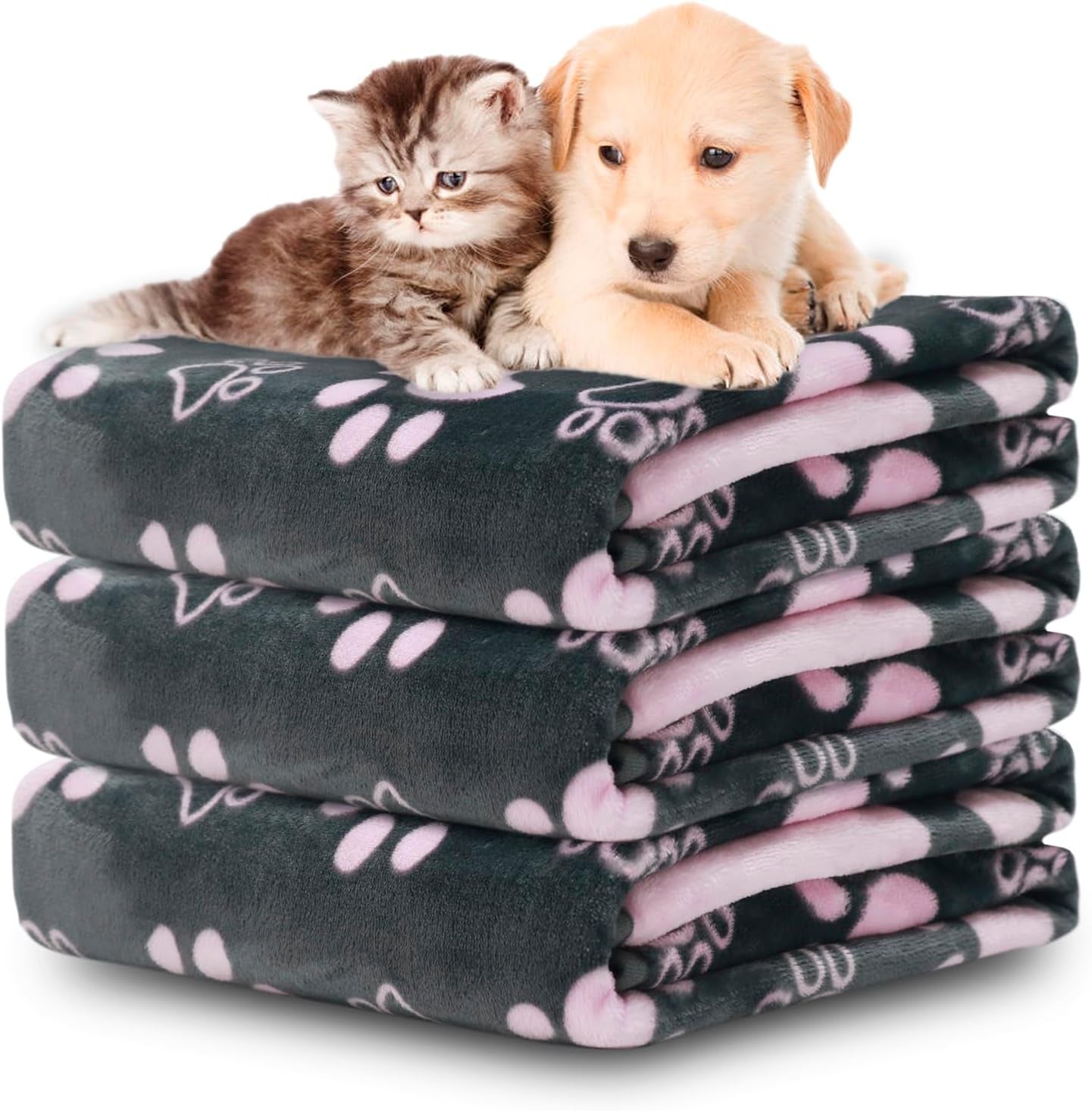 Dog Blanket, Grey Pink Flannel Fleece Blanket for Small Medium Dogs, Pet Puppy Blankets Gift for Kitten Cat, Cute Paw Print Blanket for Bed Cover, Couch, Crate, 41X31 Inch