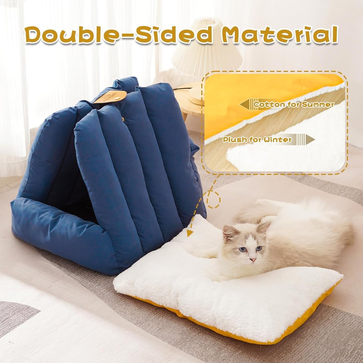 Cat Bed, Dual-Use Cat House, Cozy Enclosed Cat Tent with Cover, Hooded Cat Hut with Fluffy Removable Plush Cushion, Washable Pet Bed, Small Dogs, Puppy, Kitten, Rabbit, Warm for Winter, Blue