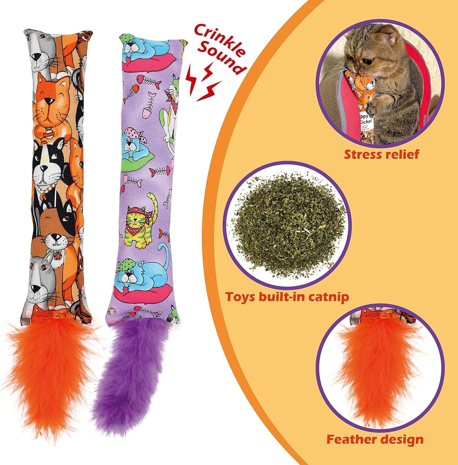 2 Pack Natural Interactive Catnip Cat Kicker with Feathers, Bite Resistant Chew Toy, Crinkle Kicker, Accessories for Indoor Cat