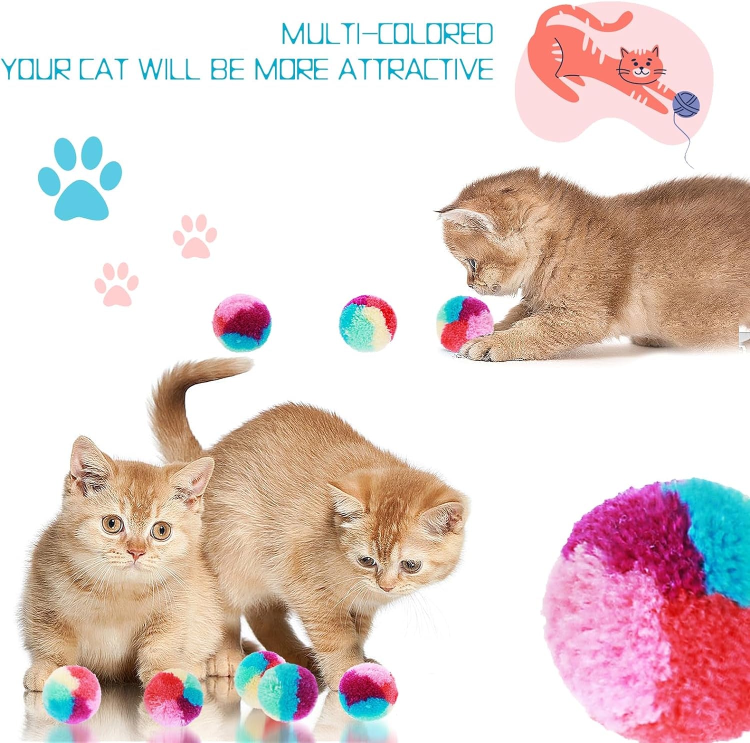 1.2 in Colorful Cat Pom Pom Ball Toys, 20 Pcs Rainbow Cat Toy Balls Soft Plush Cat Ball Interactive Toy Training Ball Toy for Indoor Cats Kitten Exercising Playing