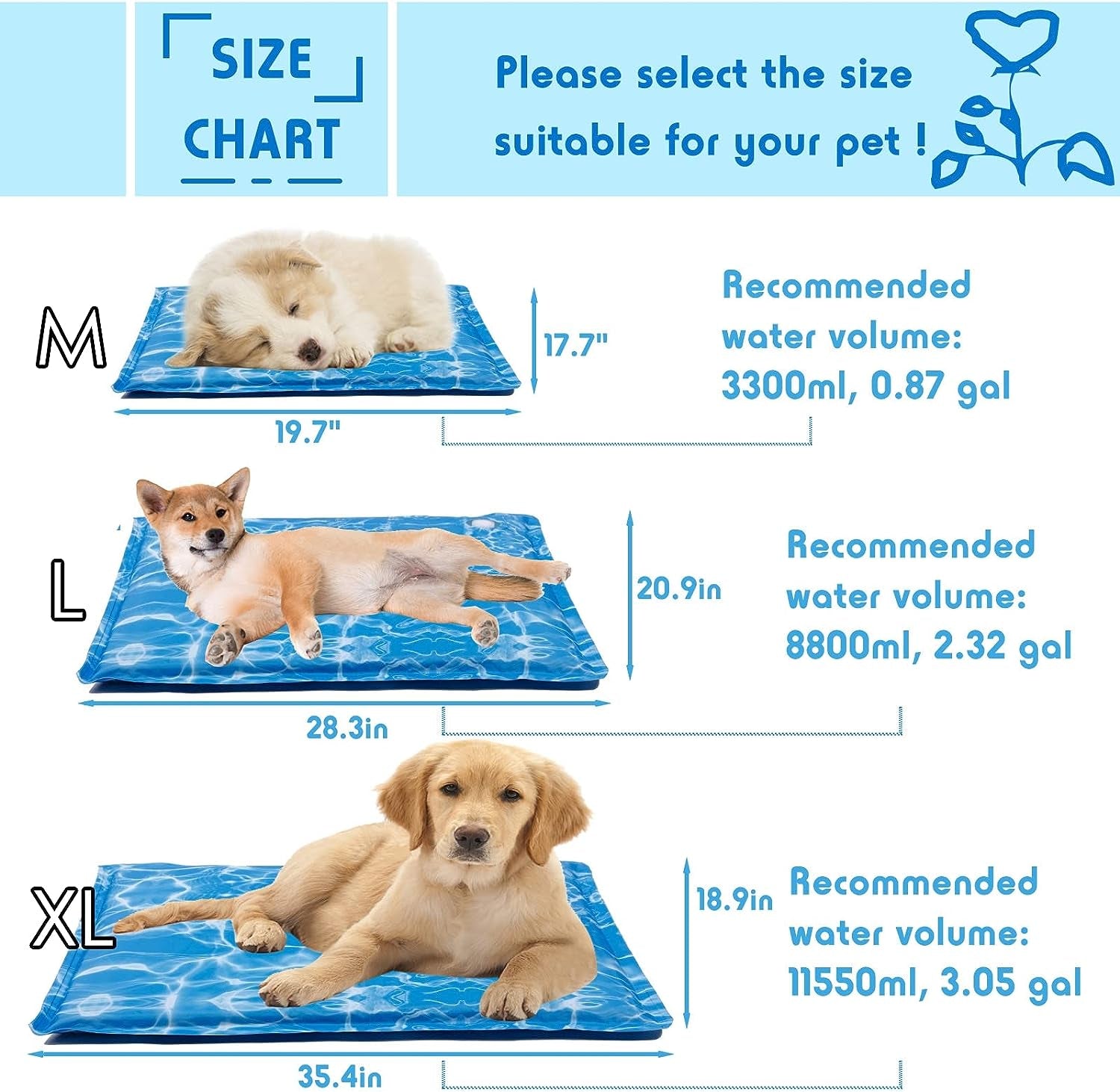 Dog Cooling Mat Large Pad Water Injection Pet Cooling Pad, Cooling Dog Bed Mats for Large Dogs & Cats - for Kennels, Crates and Beds, Thick Foam Base, Blue Ocean Design (Blue, Medium)