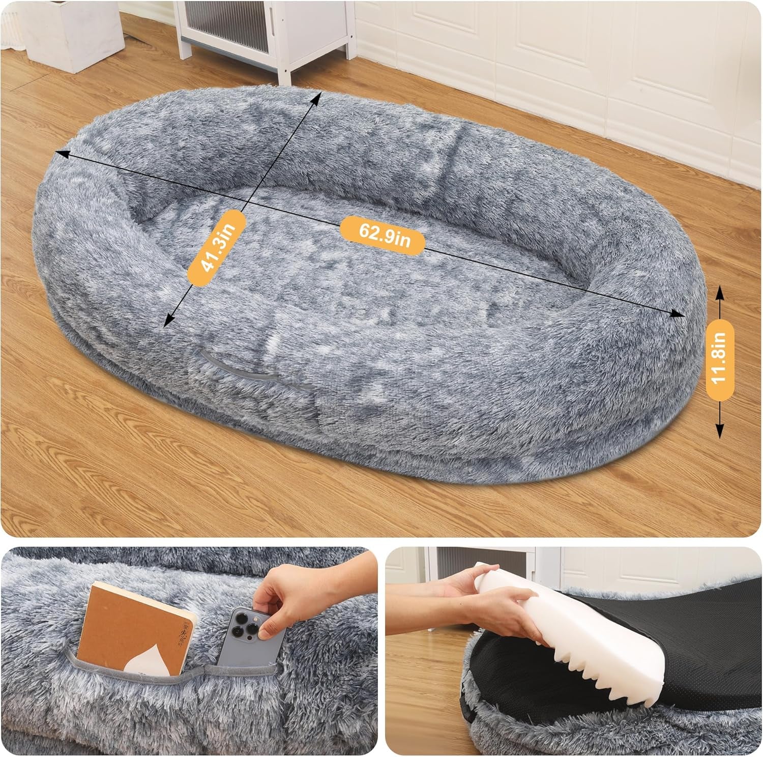 Large Dog Bed, 63" Luxury Human Dog Bed for People Adults with Washable Faux Fur Removable Cover and Waterproof Lining, 3D Memory Foam Dog Bed with Side Pocket and Strap, Gray