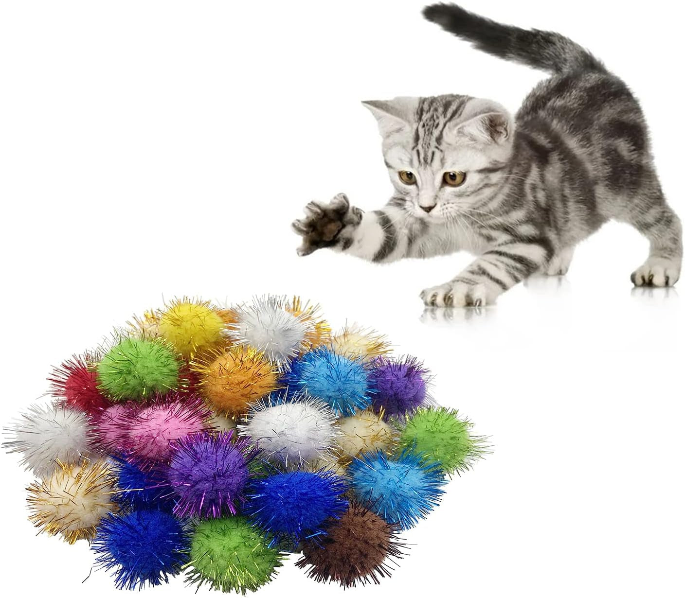 32 Pcs Crinkle Balls Cat Toy and Cat Spring Toy, 12 Pcs Mylar Crinkle Ball, 10 Pcs Cat Spiral Spring, 10Pcs Sparkle Balls Tinsel Poms, for Cats Kittens Playing Interacting