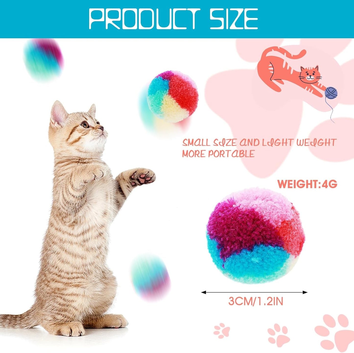 1.2 in Colorful Cat Pom Pom Ball Toys, 20 Pcs Rainbow Cat Toy Balls Soft Plush Cat Ball Interactive Toy Training Ball Toy for Indoor Cats Kitten Exercising Playing