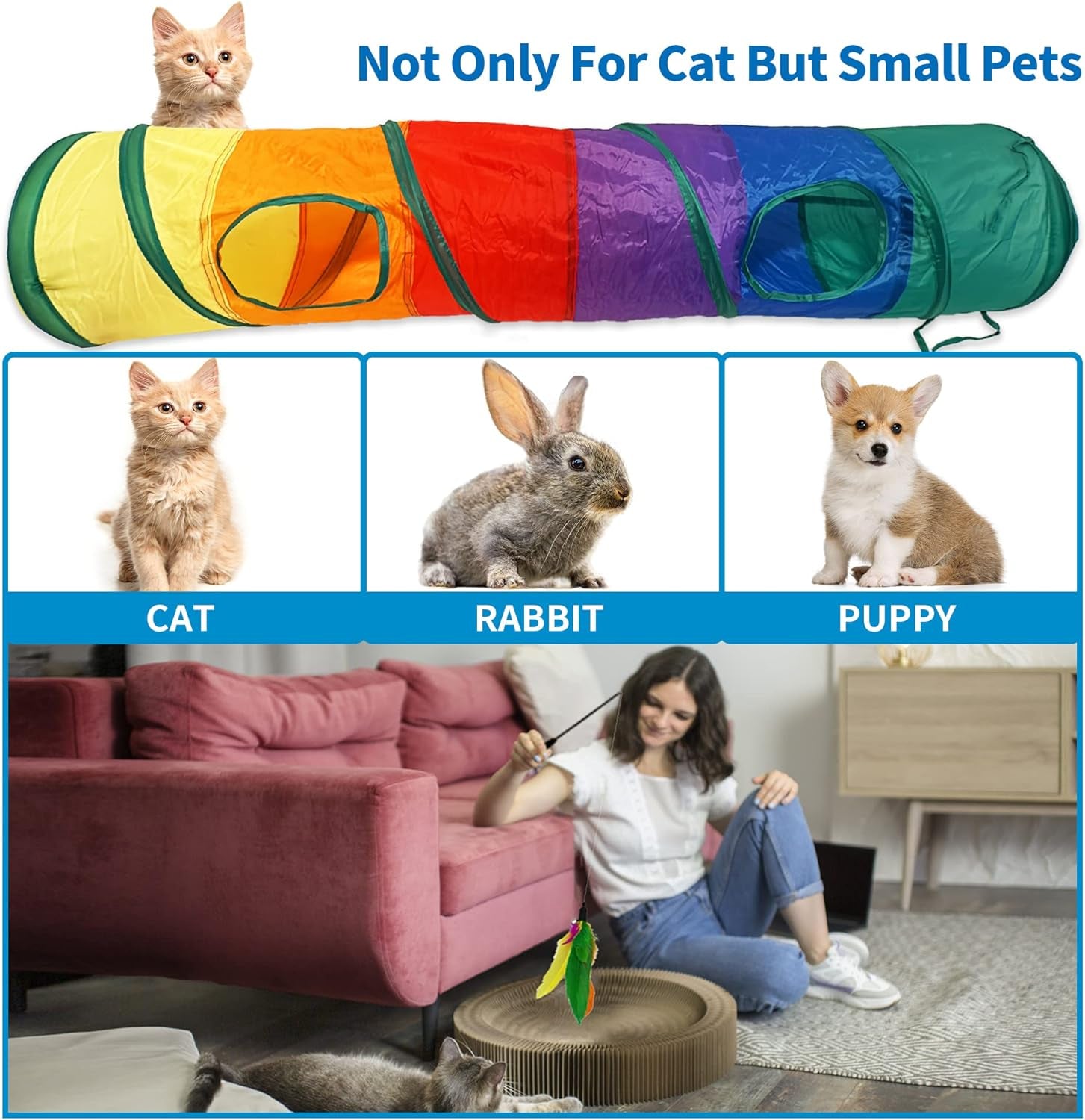 13Pcs Cat Tunnel with Feather Toy Set, 1Pc Premium Cat Wand Feather, 1Pc Cat Tunnel and 11 Pcs Cat Toys for Indoor Cat