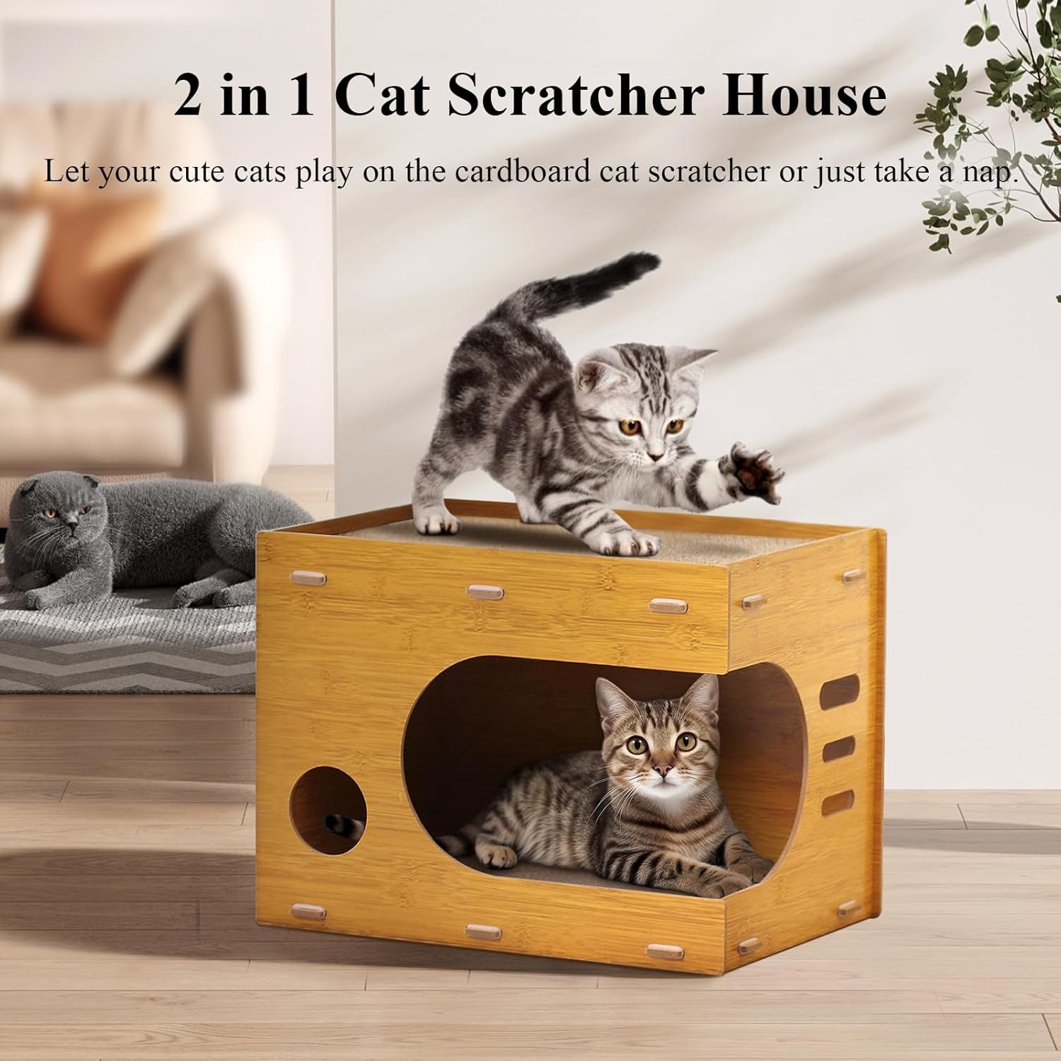 2 in 1 Cat Scratcher Cat House, Cozy Cat Scratcher House Durable and Sturdy Cat Scratching Post Cat Scratching Board Cat Scratchers for Indoor Cats, Easy to Assemble,Maximum Load Capacity 66 Lbs