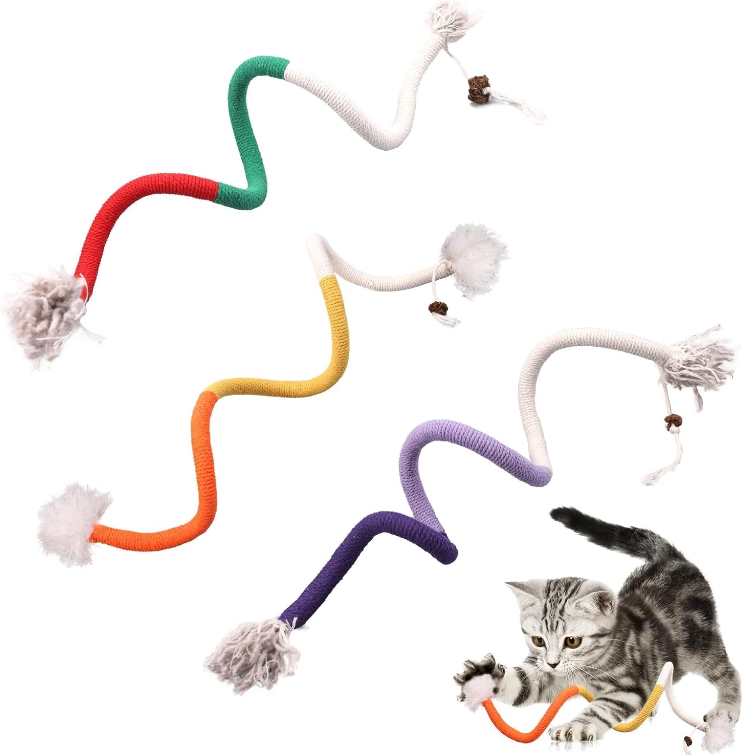 3Pcs Bent Cat Cotton Ropes, 27.56 Inch Long Cat Rope Toys Interactive Cat Chew Toys Kittens Dental Toys for Teeth Cleaning Cat Kick Toys for Indoor Pets (1 Upgraded Style + 2 Regular Style)