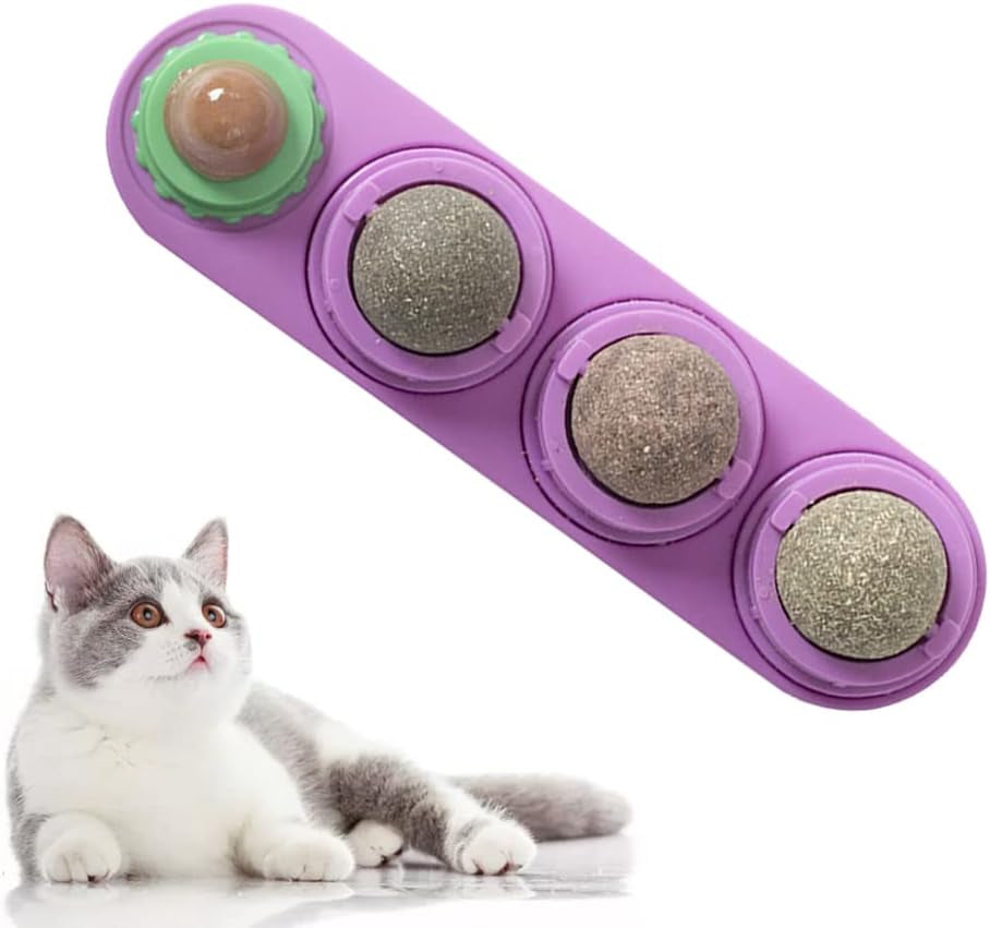 4 In1 Catnip Wall Balls for Cats, Cat Snack Catnip Ball Toys Natural Healthy Kitten Chew Toys Rotatable Indoor Cat Toy for Cat Teeth Cleaning Biting