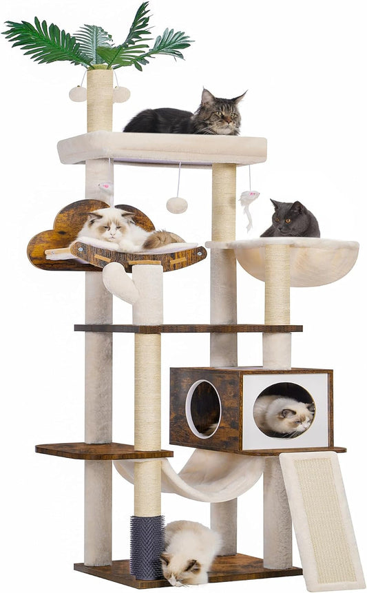 Hebly Wood Cat Tree for Indoor Cats, Cat Condo for Large Cats with Self Groomer,Modern Cat Scratching Tower with Basket,Hammock,Dangling Ball and Leaves,Rustic Brown HCT120SR