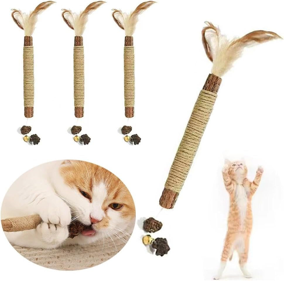 3Pcs Natural Silvervine Sticks Catnip Chew Toys for Cats,Teeth Cleaning Cat Chew Toys Feather Sticks,Toys for Indoor Cats,Increase Appetite Calm Cat Anxiety and Stress(Brown)