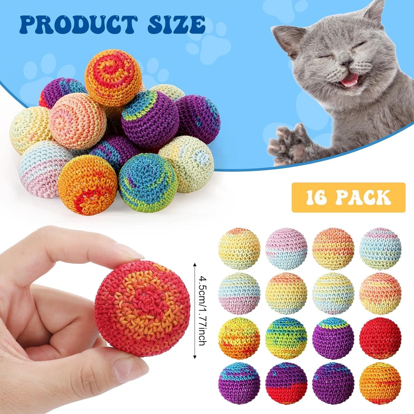 16 Pack Woolen Yarn Cat Ball Toy with Bell inside Cat Toys Balls Bulk Cat Toys for Indoor Cats Interactive Colorful Cat Chew Toys for Kitty Kitten Hand Knitted Rainbow Cat Toys Balls Pet Gift