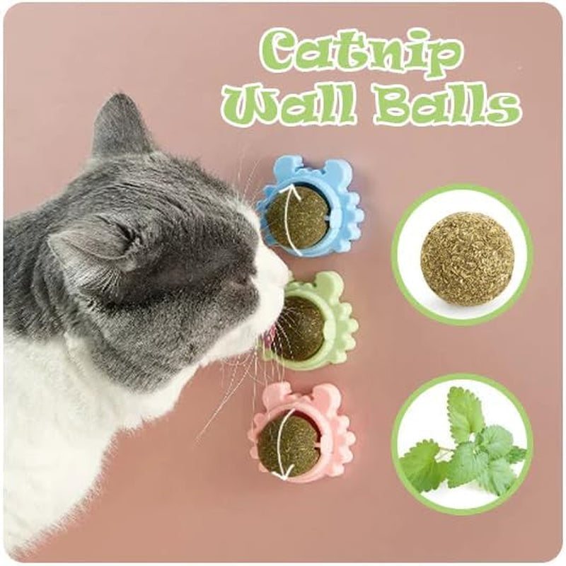 Kitty Kick Stix Catnip Wall Balls (3 Pack), Cat Toy with Catnip Self Adhesive - Healthy Kitty Teeth Cleaning Dental Chew Toys, Cat Wall Treats. Edible Kitten Silvervine Ball