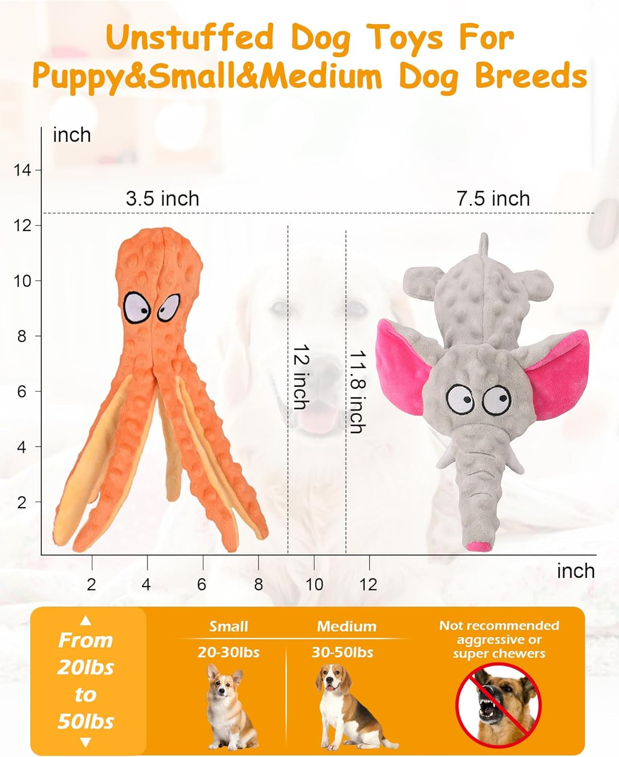 2 Pack Dog Squeaky Toys, No Stuffing Dog Toys, Crinkle Plush Dog Toys for Puppy Teething,Dog Chew Toys for Small, Medium Dogs, 2 Pack- Elephant Gray & Octopus