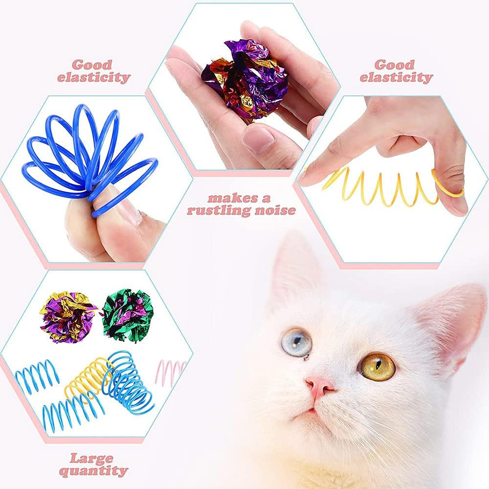 14 PCS Cat Toy Springs and Balls Set,Colorful Cat Spring Toy and Small Pom Pom Balls,Sparkle Kitten Crinkle Toys Cat Mylar Balls with Rustle Sound for Cats Kittens Playing Interacting