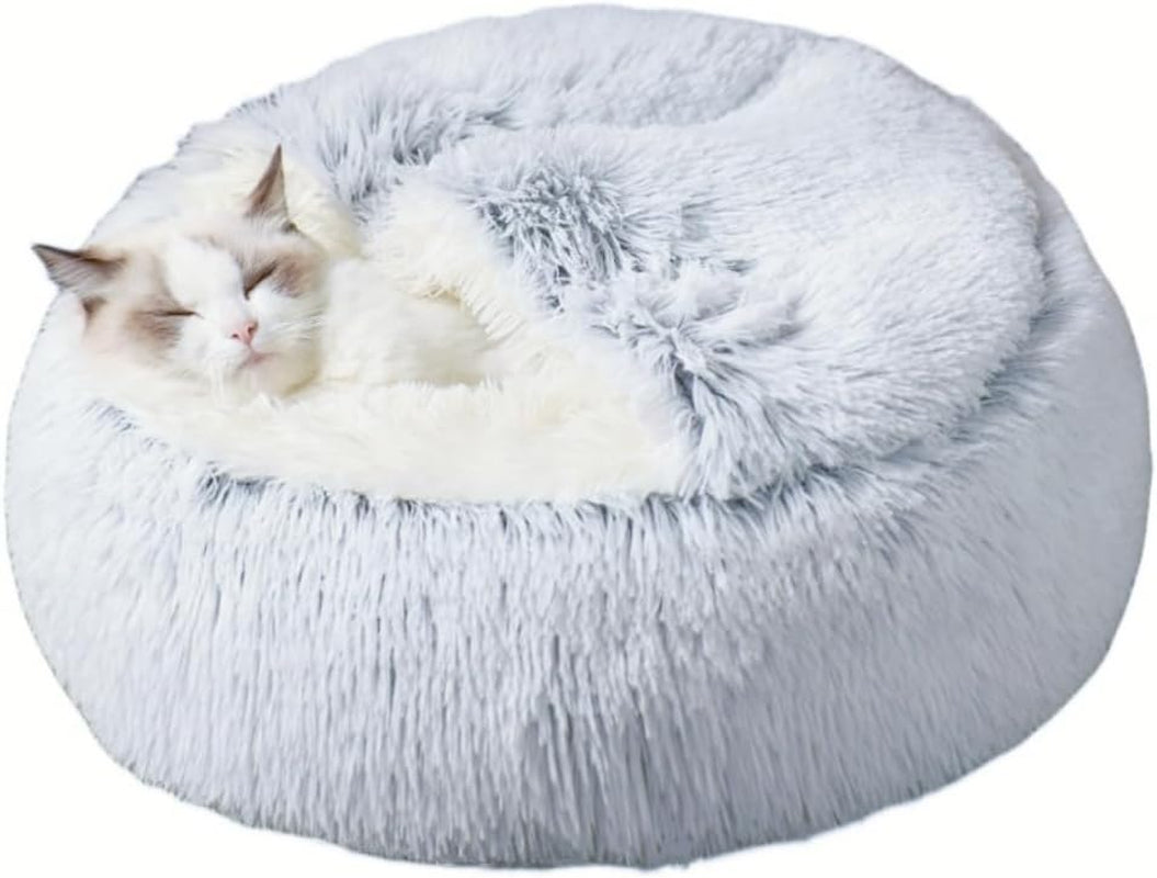 Calming round Dog Beds &Cat Cave Bed with Hooded Cover,Plush Fluffy Dog Bed Anti-Anxiety Cat Cave Bed,Waterproof Bottom Washable (Coffee, 20X20Inch)