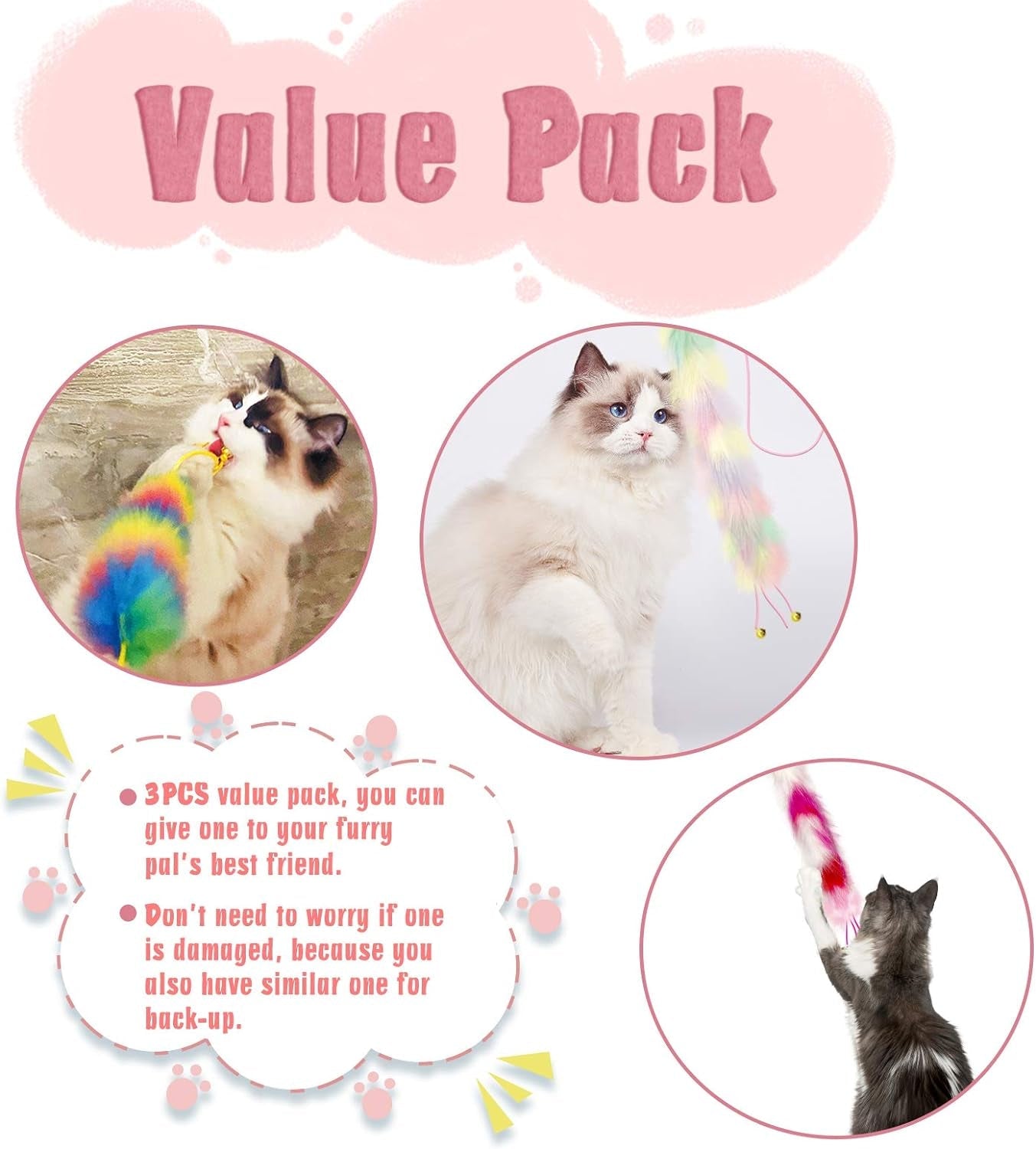 3 Pack Cat Wand Toy, Rainbow Cat Feather Toys with Bells, Cat Teaser Wand with Soft Furry Tail, Interactive Cat Toys for Indoor Cats & Kitten & Kitty