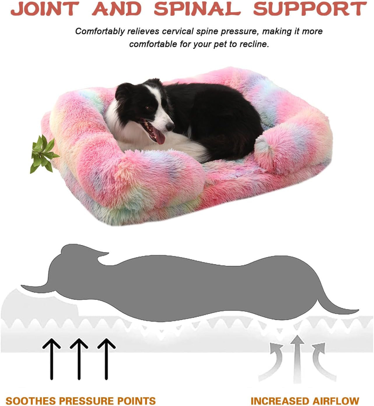 MIAO PAW Warming Fluffy Orthopedic Dog Beds for Large Dogs,Dog Bed with Plush Thick Egg Foam Support and Non-Slip Bottom,Large Waterproof and Machine Washable Pet Bed Cover (Rainbow)