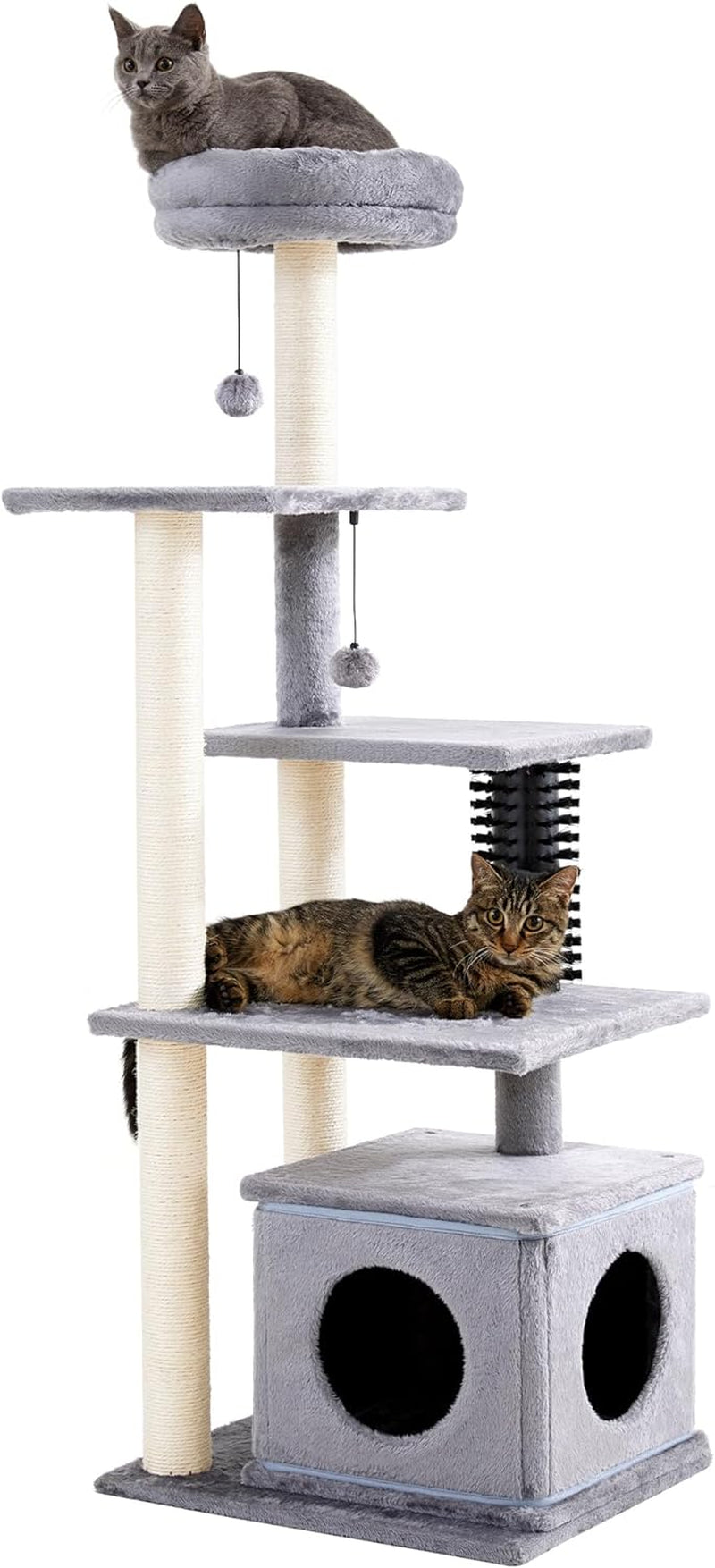 Made4Pets Cat Tree, 52.4" Tall Cat Tower for Indoor Cats, Multi-Level Large Cat Condo with Scratching Posts and Pompoms, Plush Kitten Climbing Tower with Cat Grooming Brush and Perch, Grey