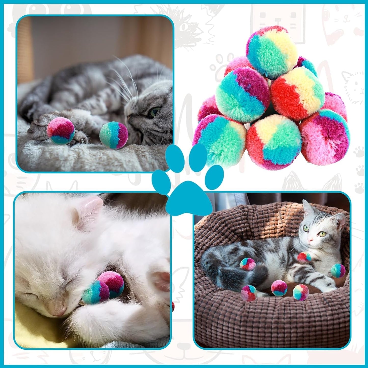 1.2 in Colorful Cat Pom Pom Ball Toys, 20 Pcs Rainbow Cat Toy Balls Soft Plush Cat Ball Interactive Toy Training Ball Toy for Indoor Cats Kitten Exercising Playing