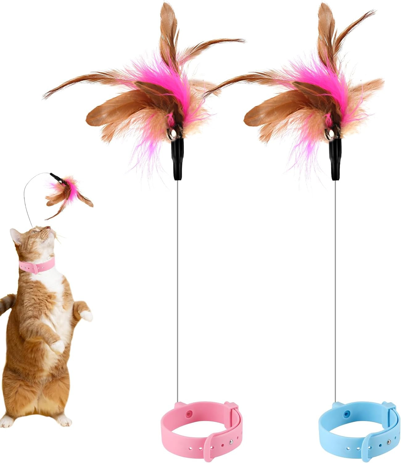 2Pcs Cat Collar Toy Attached, Silicone Cat Teasing Wand Adjustable Cat Feather Collar Toys with Bell Cat Interactive Teaser Toys for Indoor Cat Playing Training (Pink, Blue)