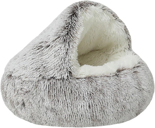 Dog Cave Bed for Small Dogs Cats Pets, anti Anxiety Calming Plush Dog Beds, Fluffy Covered Hooded Cozy Burrow Puppy Beds, Anti-Slip Bottom Washable Pet Sleeping Bag (20" D, Coffee)