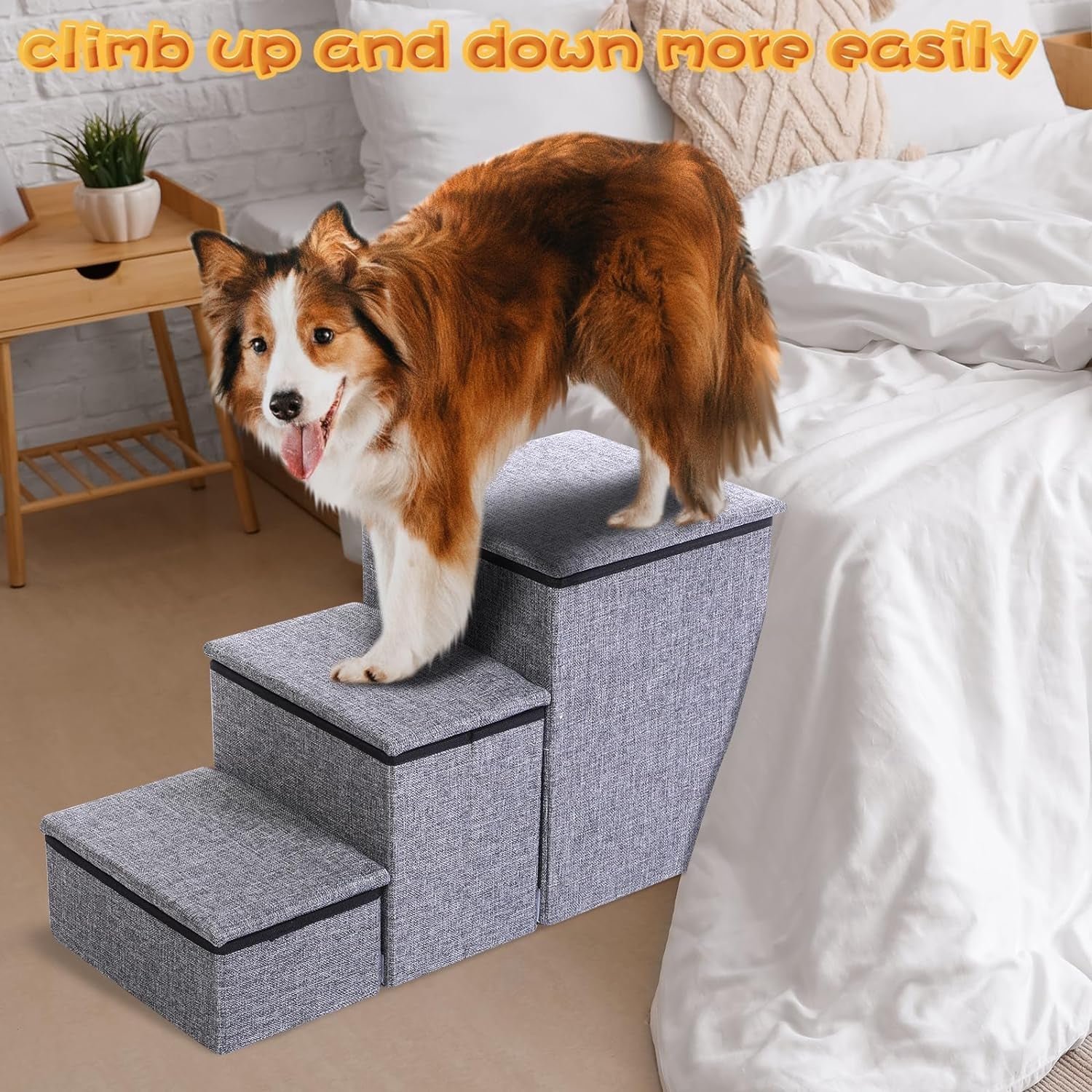 2 Set Dog Stairs for Small Dogs 16.1 H Dog Steps for High Beds 3 Steps Foldable Stairs with Storage for Couch Sofa and Chair Non Slip Balanced Dog Indoor Step Cat Dog Ramp Hold up to 165 Lbs