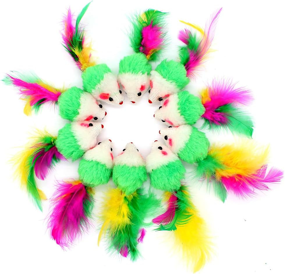 10 PCS 3 Inch Furry Pet Toys Mice Cat Toy Mouse Cat Catcher Toys with Feather Tails(Random Color)