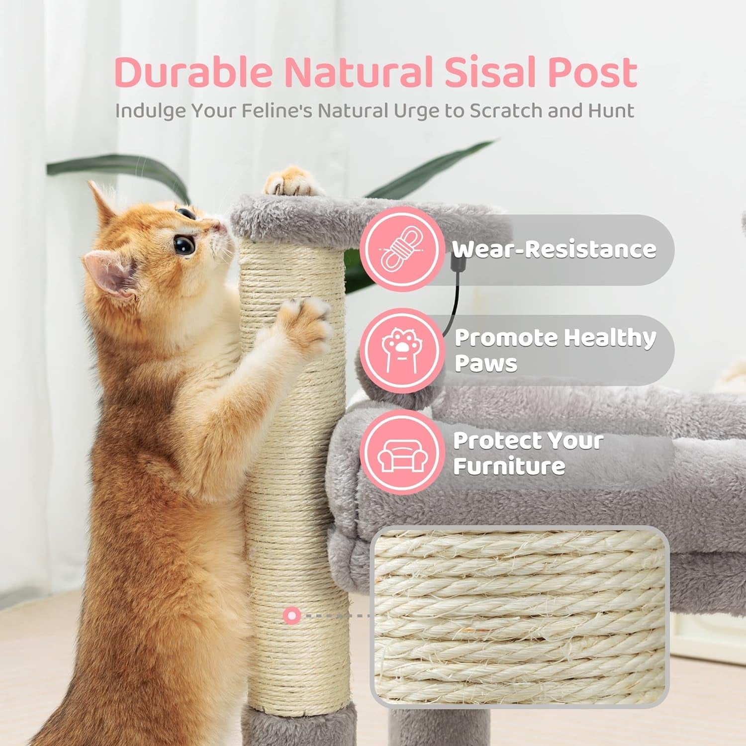 Made4Pets Cat Tree for Indoor Cats, Cat Tower with 2 Natural Sisal Scratching Post for Kitten, Kitty Cat Bed with Pom-Pom Dangling Balls, Grey, DIY