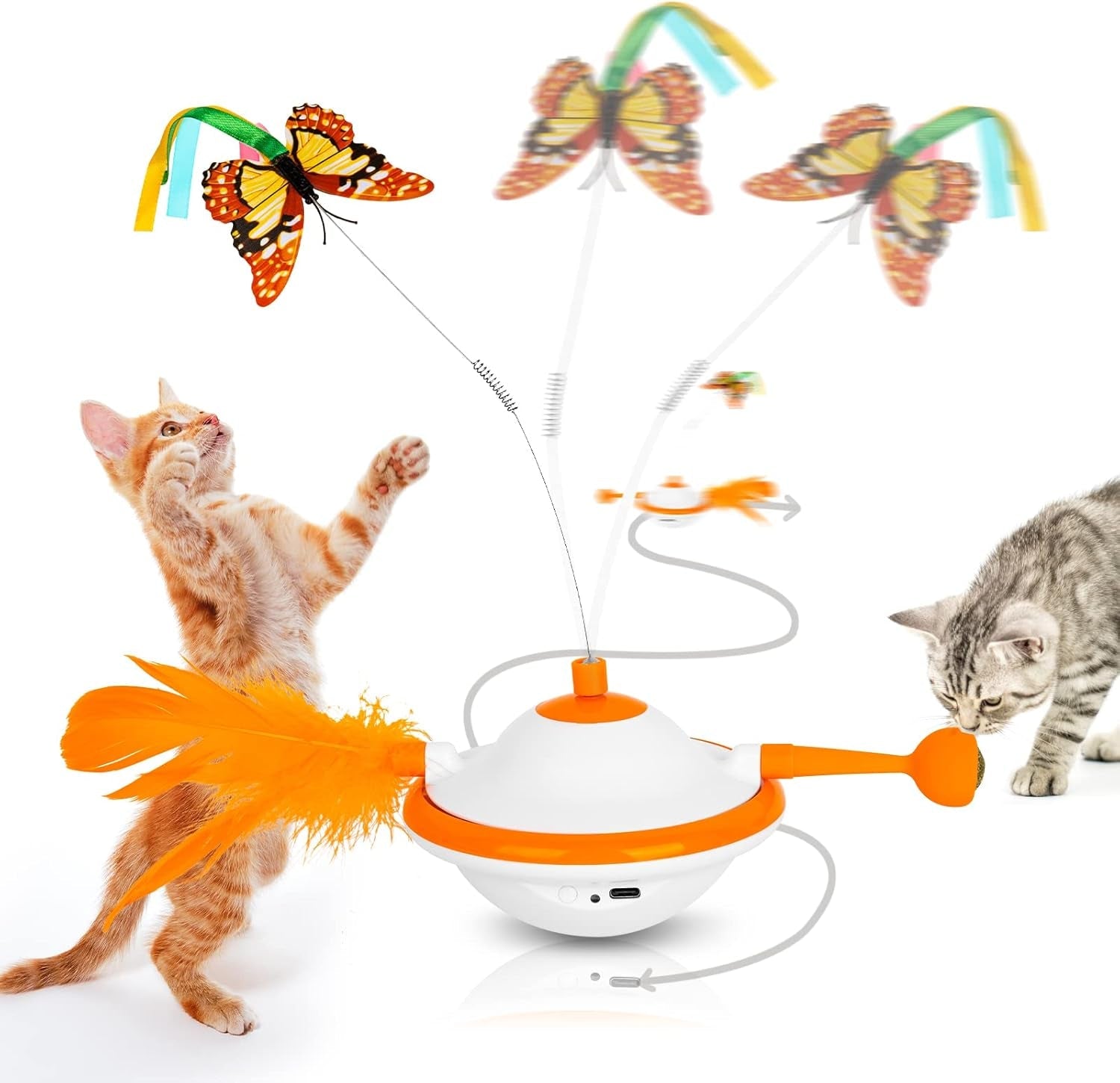 3 in 1 Cat Toys, Automatic UFO Interactive Kitten Toy, Upgraded Moving Cat Toys with Fluttering Butterfly, Feather, LED Light, Pet Exercise Rechargeable Toy for Indoor Cats(Orange)