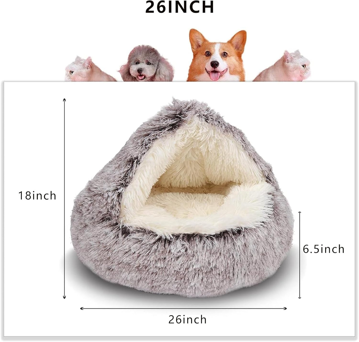 Cat Bed round Plush Fluffy Hooded Cat Bed Cave, Cozy for Indoor Cats or Small Dog Beds, Soothing Pet Beds Doughnut Calm Anti-Nxiety Dog Bed - Waterproof Bottom Washable (26×26Inch, Coffee)